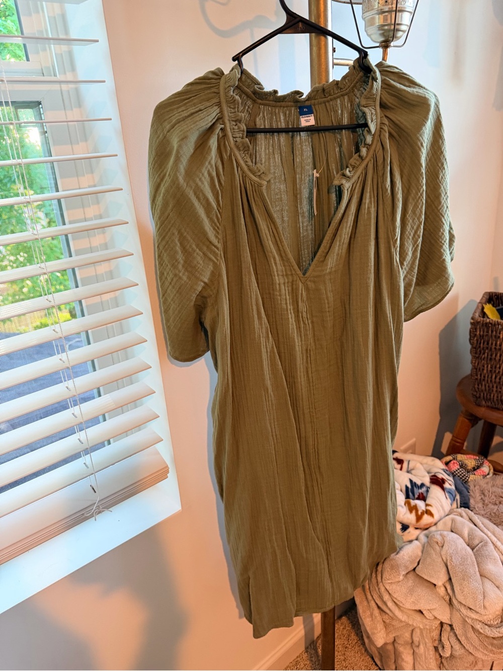 Olive Green Linen V-Neck Women's Dress